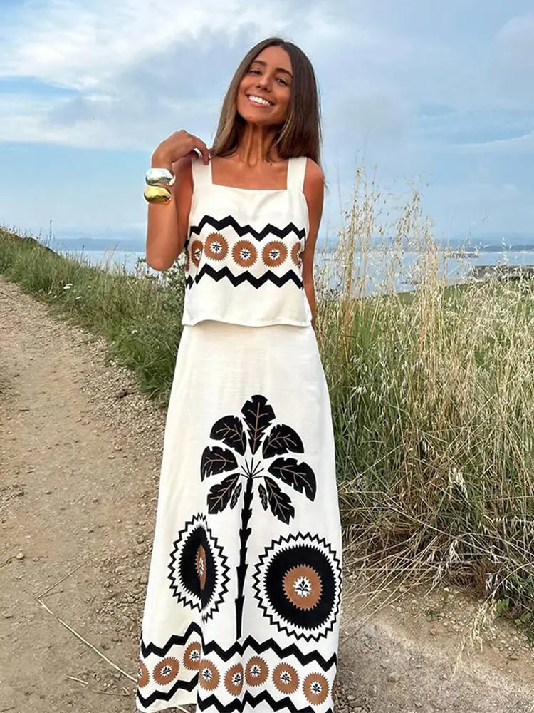 Women'S Fashion Off Shoulder Square Neck Top Set Casual Printed High Waisted Skirt Suits 2024 Summer Lady Beach Vacation Outfits