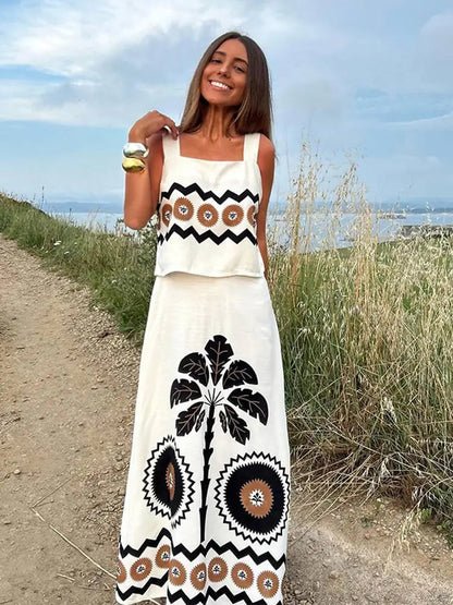 Women'S Fashion Off Shoulder Square Neck Top Set Casual Printed High Waisted Skirt Suits 2024 Summer Lady Beach Vacation Outfits
