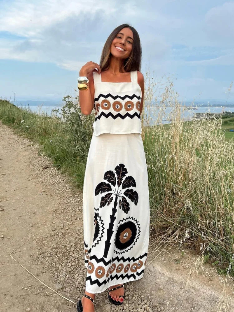 Women'S Fashion Off Shoulder Square Neck Top Set Casual Printed High Waisted Skirt Suits 2024 Summer Lady Beach Vacation Outfits