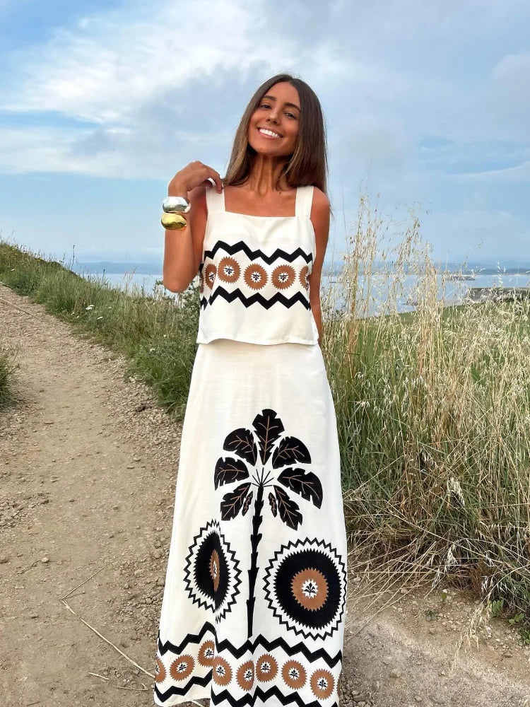 Women'S Fashion Off Shoulder Square Neck Top Set Casual Printed High Waisted Skirt Suits 2024 Summer Lady Beach Vacation Outfits