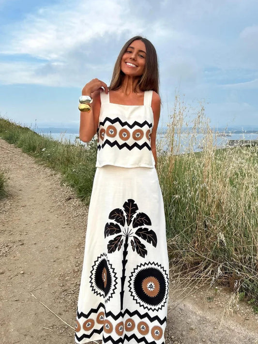 Women'S Fashion Off Shoulder Square Neck Top Set Casual Printed High Waisted Skirt Suits 2024 Summer Lady Beach Vacation Outfits