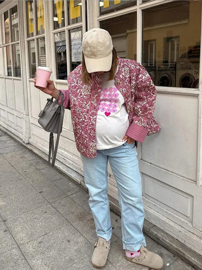 Women'S Quilted Jacket Fall Winter New Floral Print Thickened Stand-Up Collar Cotton Jacket Fashionable Outerwear Jacket
