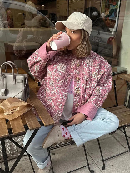 Women'S Quilted Jacket Fall Winter New Floral Print Thickened Stand-Up Collar Cotton Jacket Fashionable Outerwear Jacket