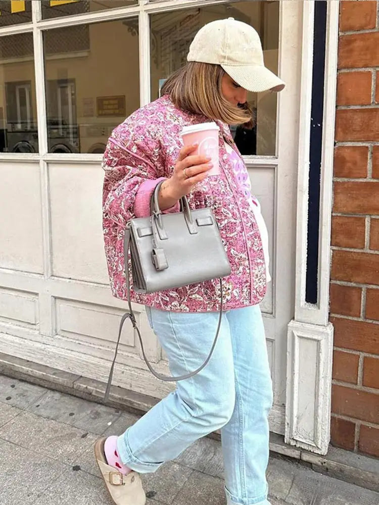 Women'S Quilted Jacket Fall Winter New Floral Print Thickened Stand-Up Collar Cotton Jacket Fashionable Outerwear Jacket