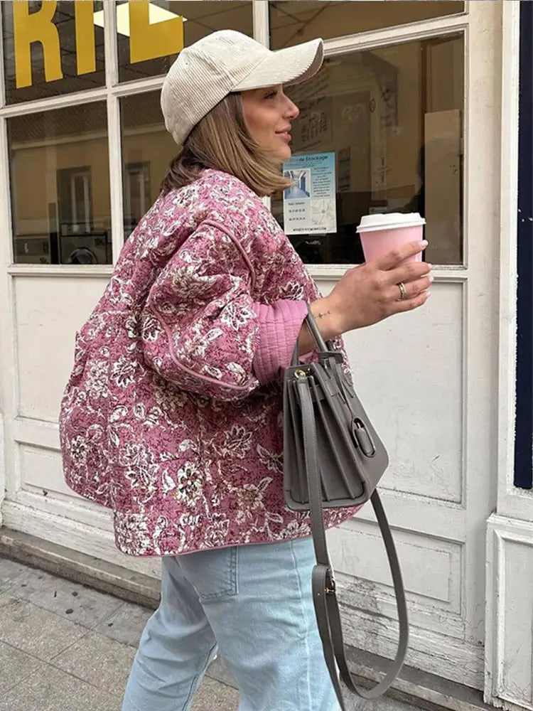 Women'S Quilted Jacket Fall Winter New Floral Print Thickened Stand-Up Collar Cotton Jacket Fashionable Outerwear Jacket