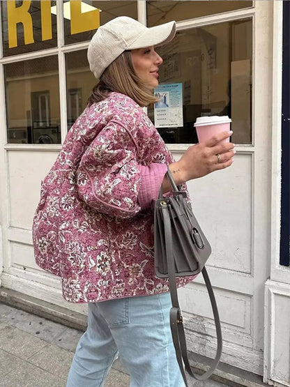 Women'S Quilted Jacket Fall Winter New Floral Print Thickened Stand-Up Collar Cotton Jacket Fashionable Outerwear Jacket