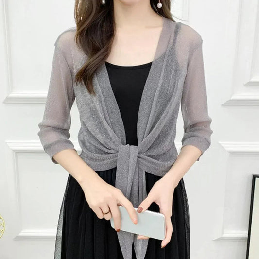 Women'S Sheer Glitter Lace-Up Cardigan Half Sleeve Summer Lightweight Jacket See-Through Loose Blouse Women