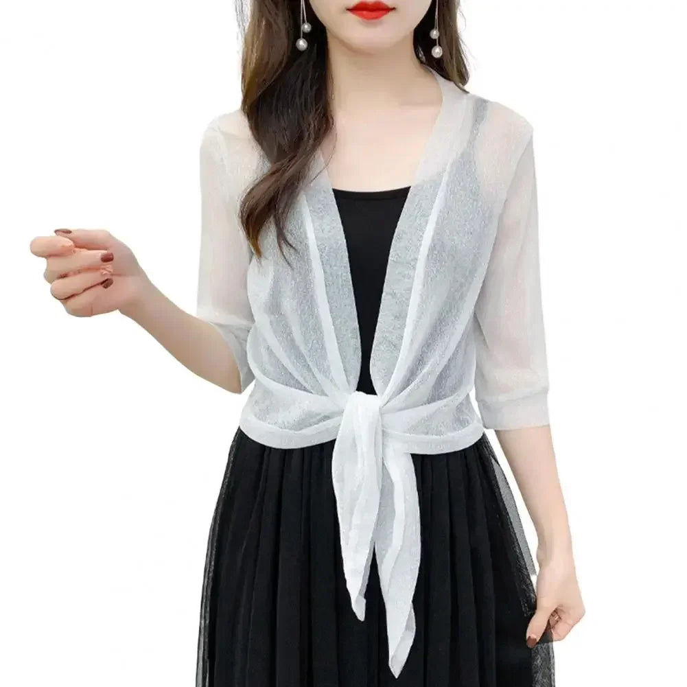 Women'S Sheer Glitter Lace-Up Cardigan Half Sleeve Summer Lightweight Jacket See-Through Loose Blouse Women