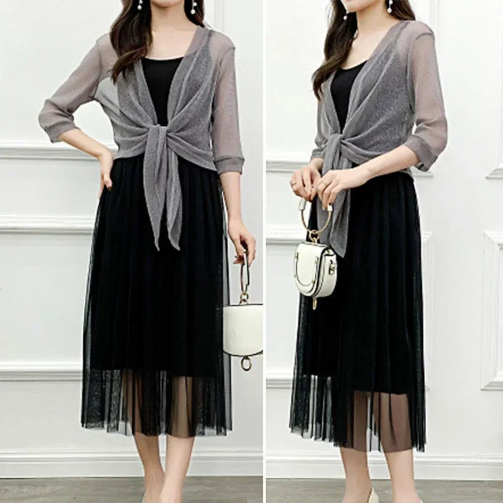 Women'S Sheer Glitter Lace-Up Cardigan Half Sleeve Summer Lightweight Jacket See-Through Loose Blouse Women