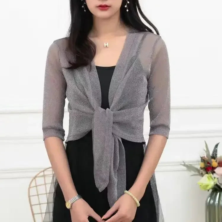 Women'S Sheer Glitter Lace-Up Cardigan Half Sleeve Summer Lightweight Jacket See-Through Loose Blouse Women