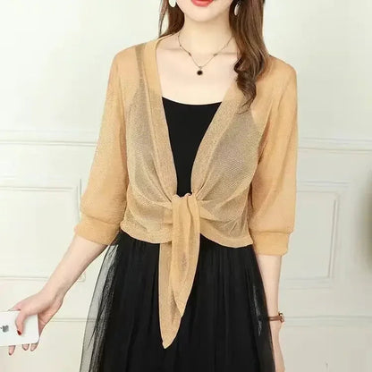 Women'S Sheer Glitter Lace-Up Cardigan Half Sleeve Summer Lightweight Jacket See-Through Loose Blouse Women