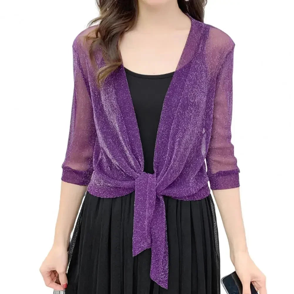 Women'S Sheer Glitter Lace-Up Cardigan Half Sleeve Summer Lightweight Jacket See-Through Loose Blouse Women