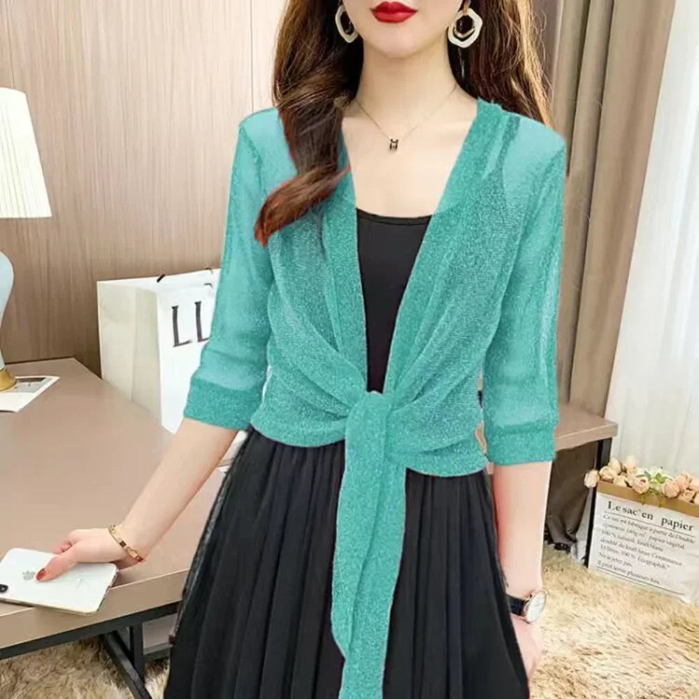 Women'S Sheer Glitter Lace-Up Cardigan Half Sleeve Summer Lightweight Jacket See-Through Loose Blouse Women