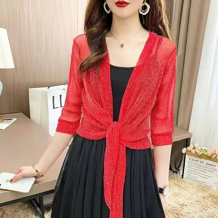 Women'S Sheer Glitter Lace-Up Cardigan Half Sleeve Summer Lightweight Jacket See-Through Loose Blouse Women
