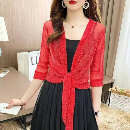 Women'S Sheer Glitter Lace-Up Cardigan Half Sleeve Summer Lightweight Jacket See-Through Loose Blouse Women