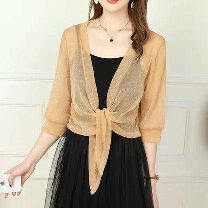 Women'S Sheer Glitter Lace-Up Cardigan Half Sleeve Summer Lightweight Jacket See-Through Loose Blouse Women