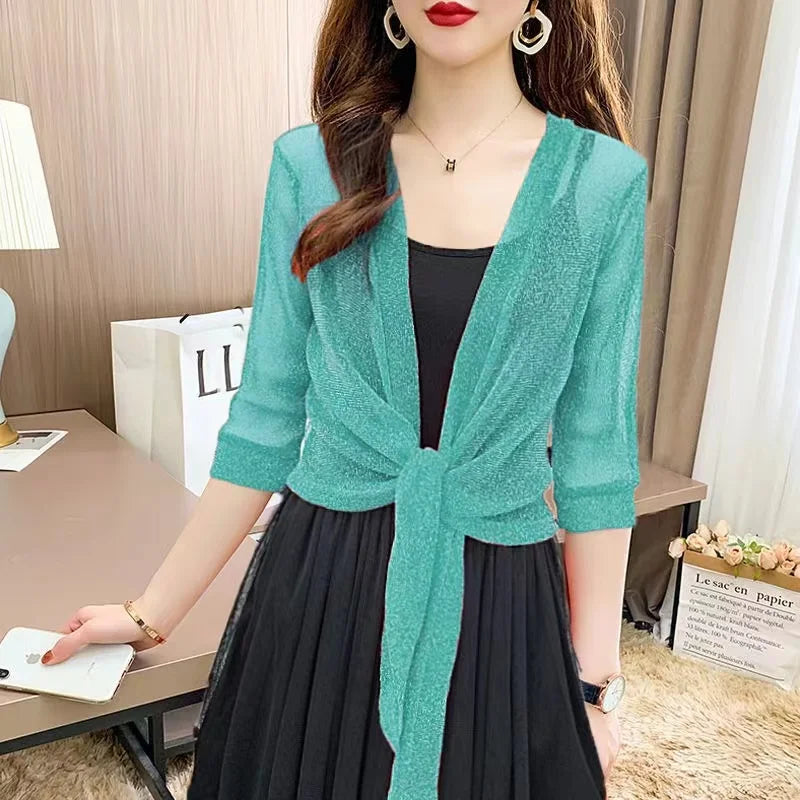 Women'S Sheer Glitter Lace-Up Cardigan Half Sleeve Summer Lightweight Jacket See-Through Loose Blouse Women