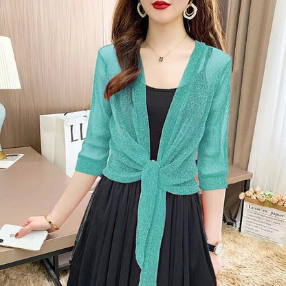 Women'S Sheer Glitter Lace-Up Cardigan Half Sleeve Summer Lightweight Jacket See-Through Loose Blouse Women