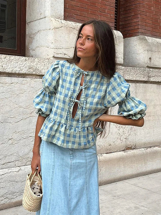 Women'S Shirt Plaid Bow Lace Up Fashion Loose O-Neck Puff Short Sleeve Female Blouses 2024 Spring Summer Casual Hollow Out Tops