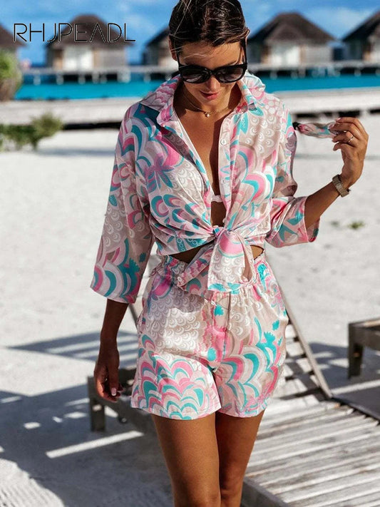 Women'S Shirt Sets Fashion Printed Summer Long Sleeve Shirt + Shorts 2 Pieces Set 2023 Lady Vintage Holiday Beach Casual Outfits