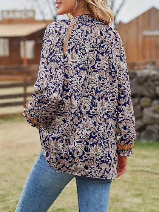 Women'S Spring And Autumn Bohemian Print Long Sleeve Tunic Blouse