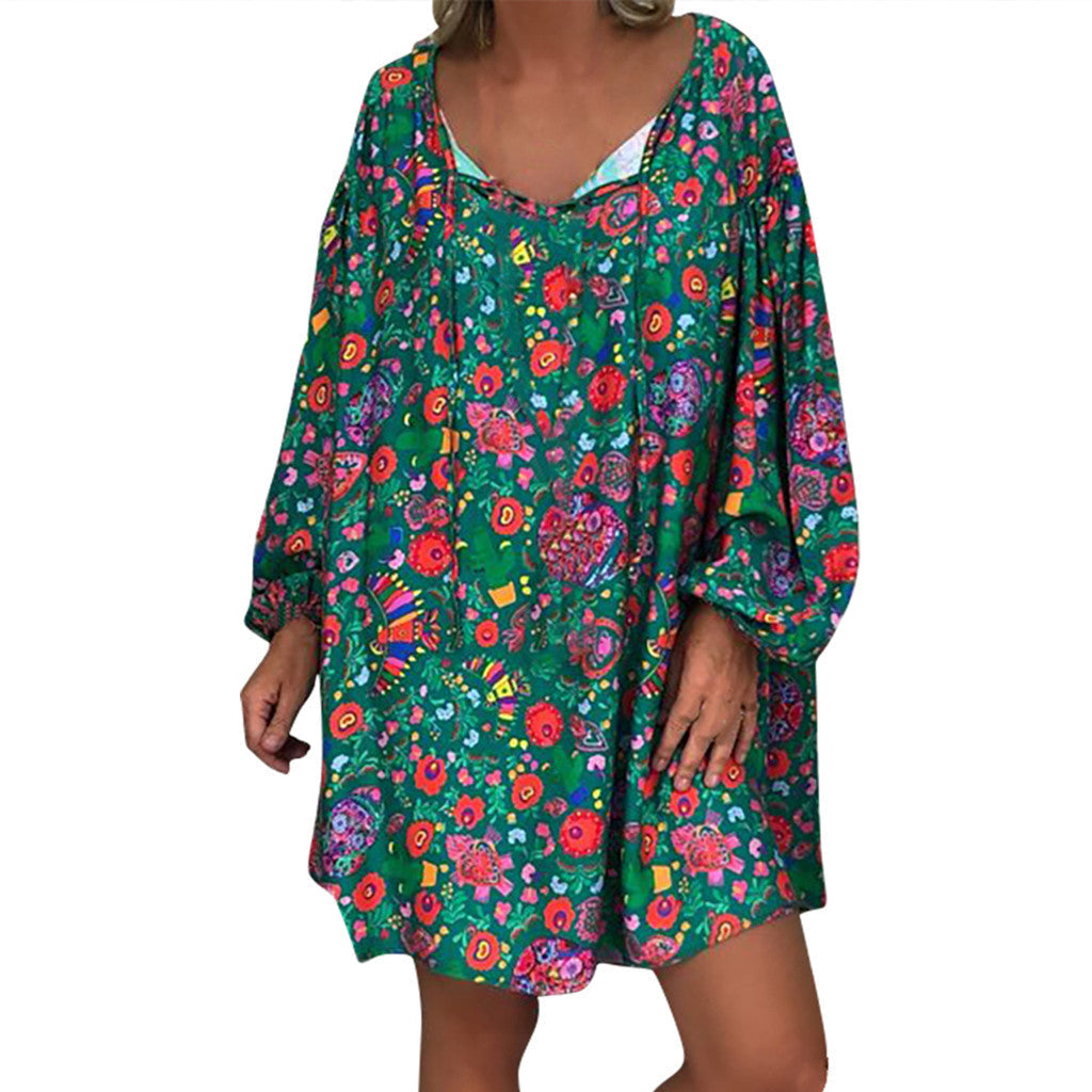Women'S Summer Boho Vintage Floral Print Deep V Neck Beach Mini Dresses