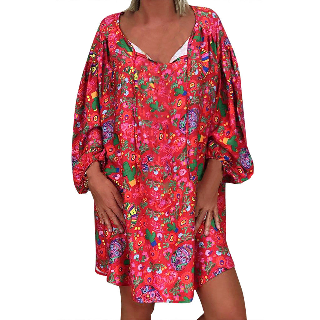 Women'S Summer Boho Vintage Floral Print Deep V Neck Beach Mini Dresses