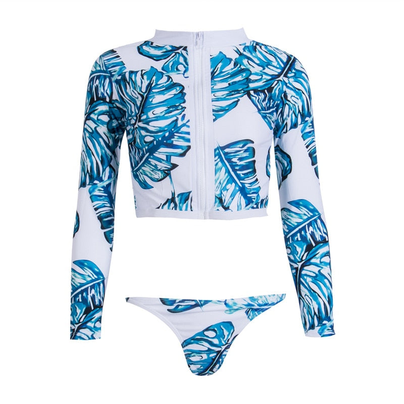 Women'S Swimming Suit Tropical Plant Floral Print Split Bikini 2019 Long Sleeve Bodysuits Swimsuit Briefs Two Piece Swimwear Set
