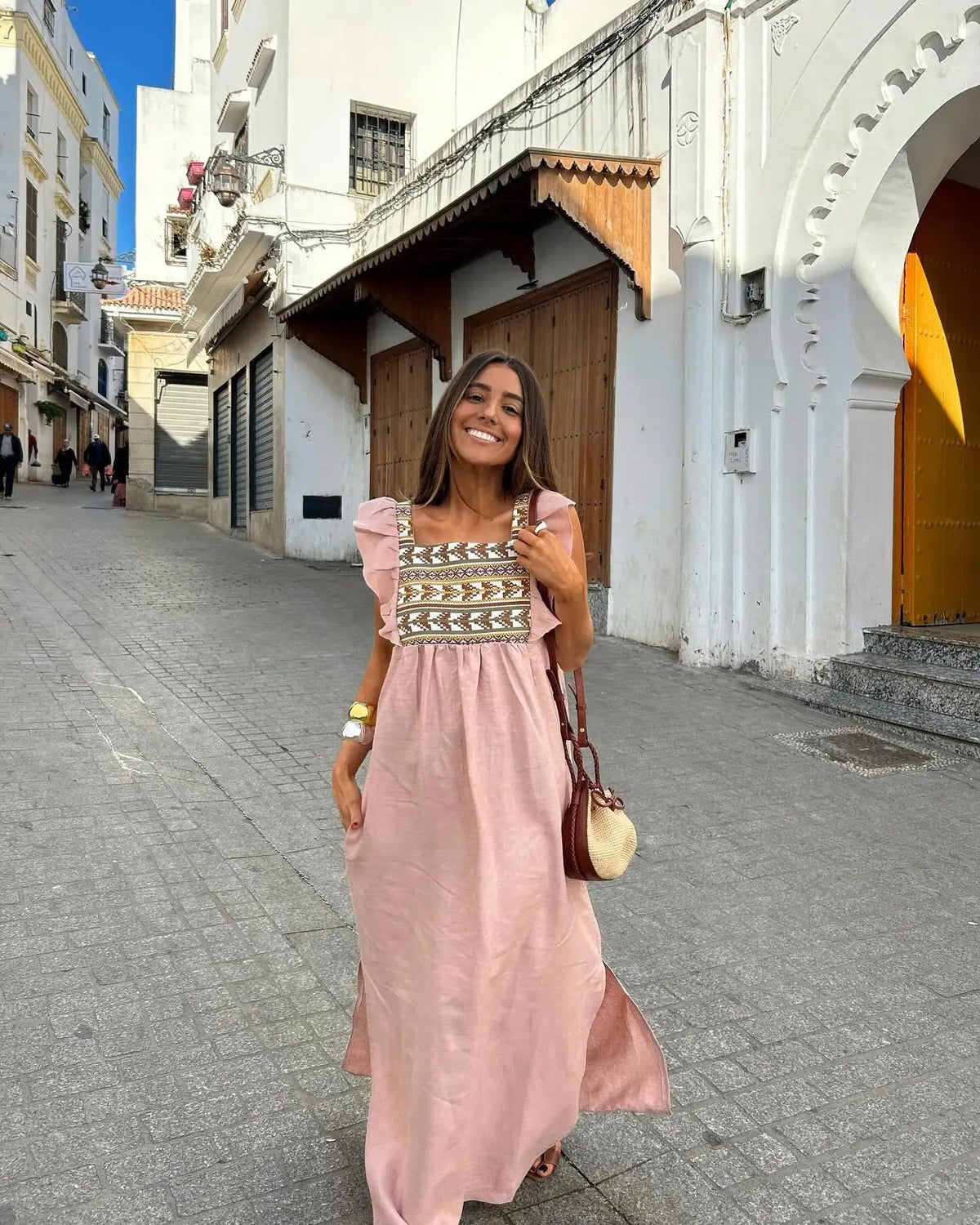 Women'S Vintage Printed Flare Sleeve Dress Elegant  Square Neck High Waist Split A-Line Dresses 2024 Summer Vacation Robe