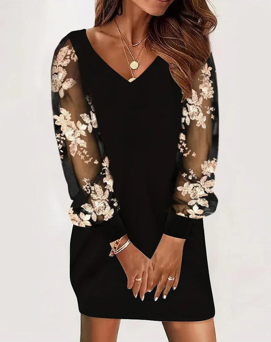 Women'S Autumn New V-Neck Long Sleeved Printed Lace Patchwork Dress With Versatile Temperament For Women Commuting