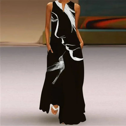 Women'S Summer Boho Vintage Maxi Dress Women'S Pocket Loose Casual Print A-Line Dresses
