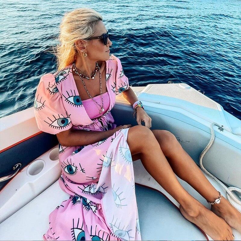Wrinkle-Free Pink Eyes Chiffon Dresses Sexy Short Sleeve 2021 Summer Beach Dress Women Beach Wear Swim Suit Cover Up D1