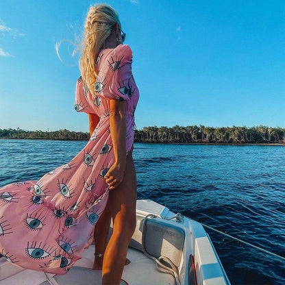 Wrinkle-Free Pink Eyes Chiffon Dresses Sexy Short Sleeve 2021 Summer Beach Dress Women Beach Wear Swim Suit Cover Up D1