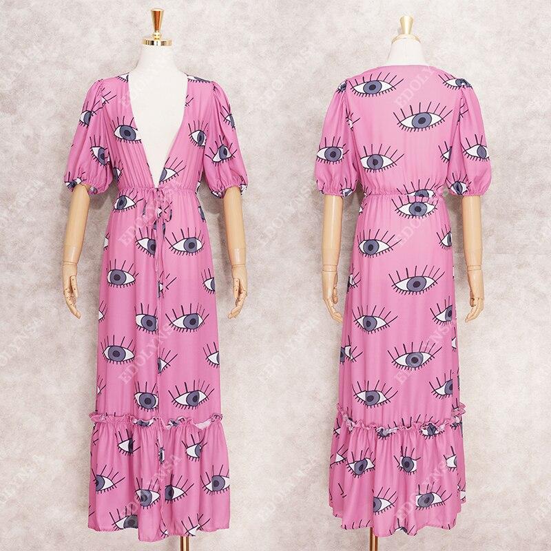 Wrinkle-Free Pink Eyes Chiffon Dresses Sexy Short Sleeve 2021 Summer Beach Dress Women Beach Wear Swim Suit Cover Up D1