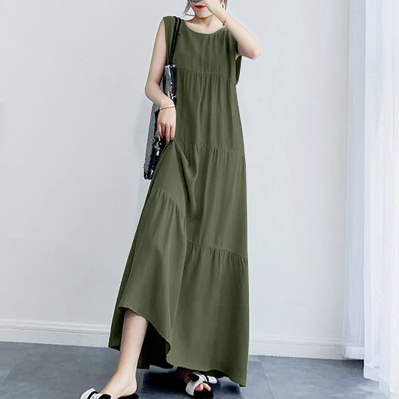 Zanzea 2023 Stylish Women'S Ruffle Sundress Solid Summer Dress Casual Sleeveless Maxi Vestidos Female O Neck  Robe Oversized