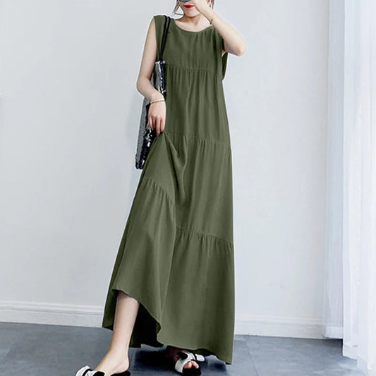 Zanzea 2023 Stylish Women'S Ruffle Sundress Solid Summer Dress Casual Sleeveless Maxi Vestidos Female O Neck  Robe Oversized