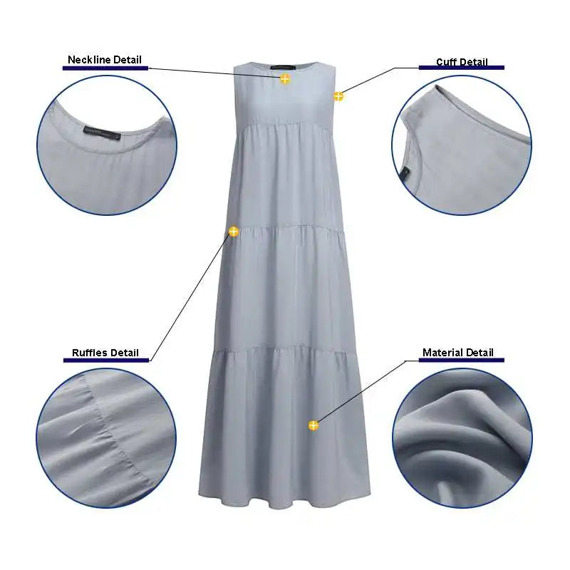 Zanzea 2023 Stylish Women'S Ruffle Sundress Solid Summer Dress Casual Sleeveless Maxi Vestidos Female O Neck  Robe Oversized