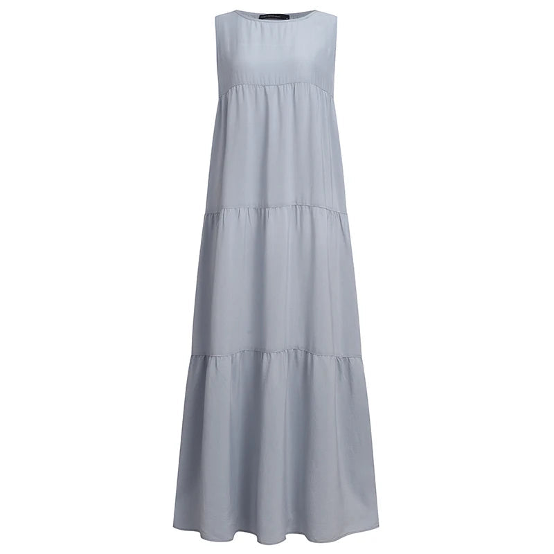 Zanzea 2023 Stylish Women'S Ruffle Sundress Solid Summer Dress Casual Sleeveless Maxi Vestidos Female O Neck  Robe Oversized
