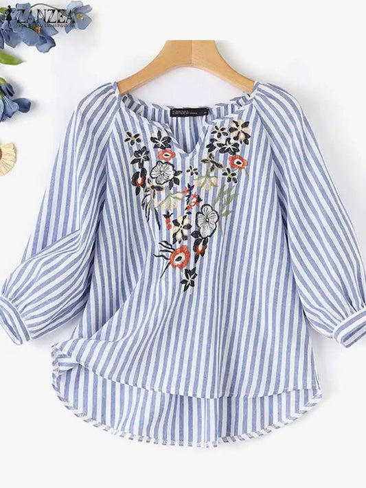 Fashion V Neck 3/4 Sleeve Embroidery Floral Blouse Women Summer Bohemian Striped Tops Casual Holiday Shirt Work Blusas
