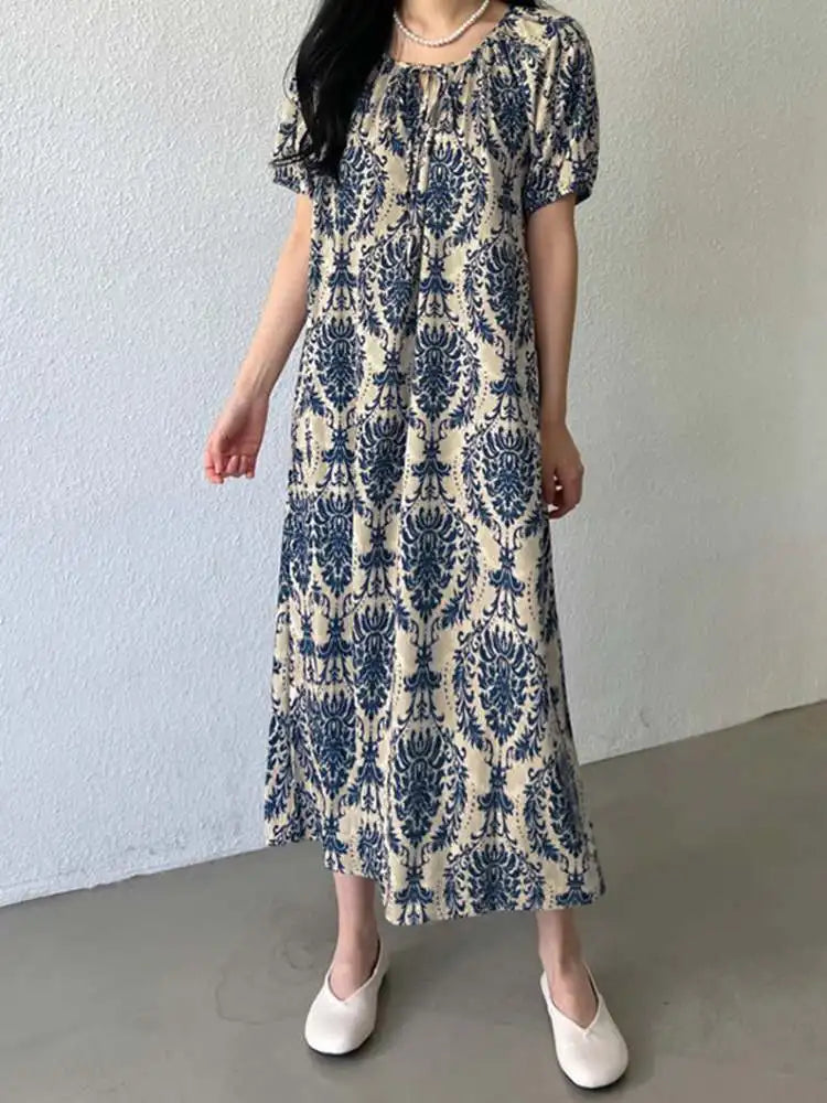 Holiday Summer Maxi Dress Women Fashion Short Sleeve Robe Vintage Printed Bandage O-Neck Sundress Casual Loose Vestidos