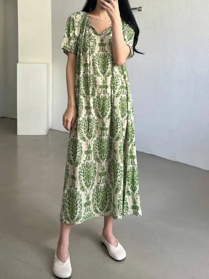 Holiday Summer Maxi Dress Women Fashion Short Sleeve Robe Vintage Printed Bandage O-Neck Sundress Casual Loose Vestidos