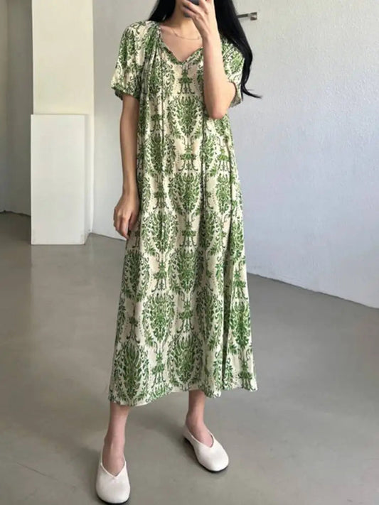 Holiday Summer Maxi Dress Women Fashion Short Sleeve Robe Vintage Printed Bandage O-Neck Sundress Casual Loose Vestidos