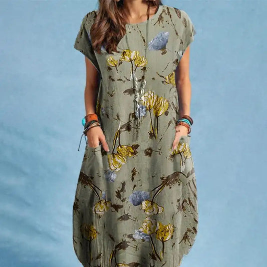 Zanzea Women Summer Dress Bohemian Floral Print Vestido O-Neck Short Sleeve Pockets Sundress Fashion Casual Elegant Holiday Robe