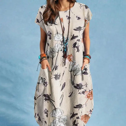 Zanzea Women Summer Dress Bohemian Floral Print Vestido O-Neck Short Sleeve Pockets Sundress Fashion Casual Elegant Holiday Robe