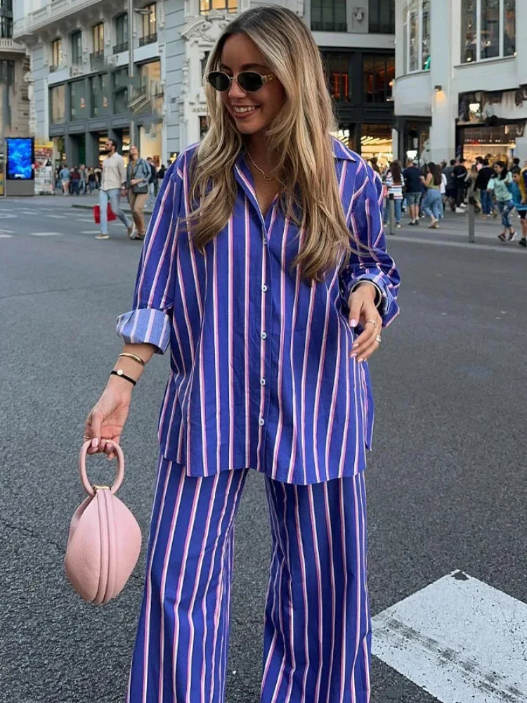 Women'S Oversized Striped Shirt Pants Suit Lapel Long Sleeves Top High Elastic Waist Pockets Straight Leg Pant Female Set