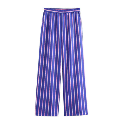 Women'S Oversized Striped Shirt Pants Suit Lapel Long Sleeves Top High Elastic Waist Pockets Straight Leg Pant Female Set