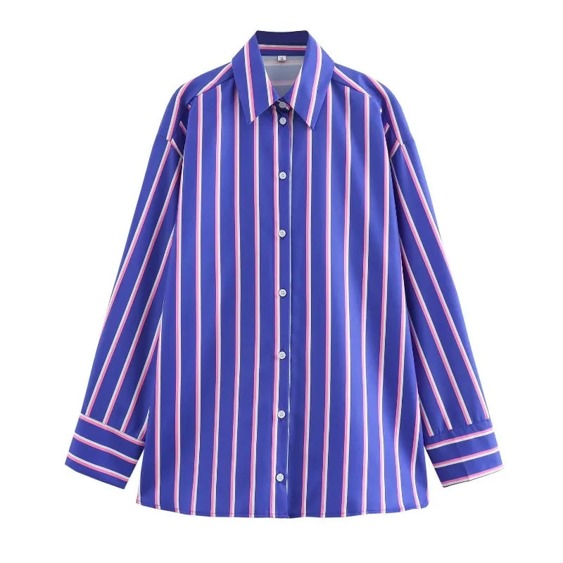 Women'S Oversized Striped Shirt Pants Suit Lapel Long Sleeves Top High Elastic Waist Pockets Straight Leg Pant Female Set