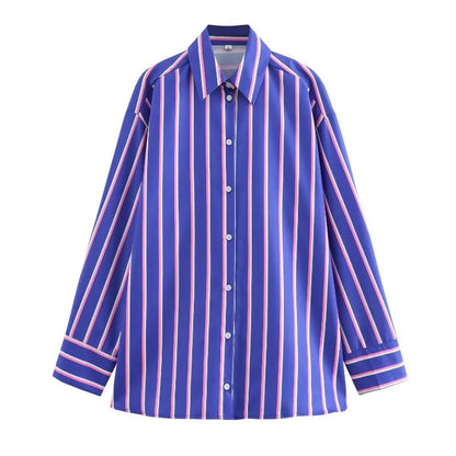 Women'S Oversized Striped Shirt Pants Suit Lapel Long Sleeves Top High Elastic Waist Pockets Straight Leg Pant Female Set