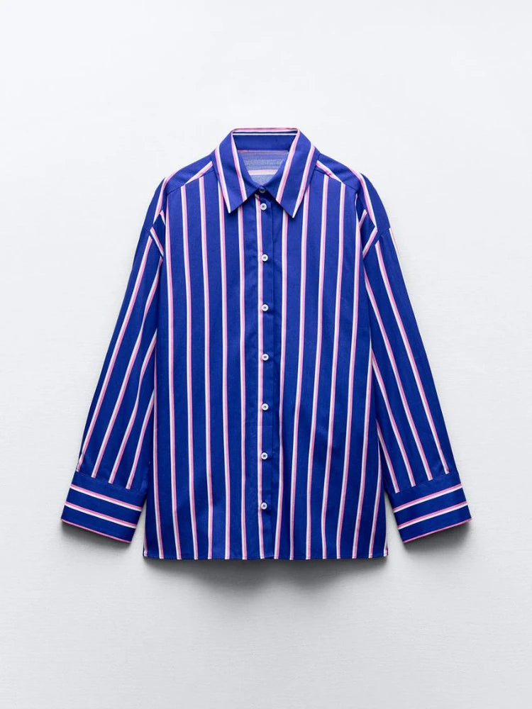 Women'S Oversized Striped Shirt Pants Suit Lapel Long Sleeves Top High Elastic Waist Pockets Straight Leg Pant Female Set