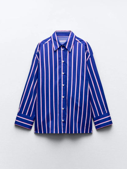 Women'S Oversized Striped Shirt Pants Suit Lapel Long Sleeves Top High Elastic Waist Pockets Straight Leg Pant Female Set